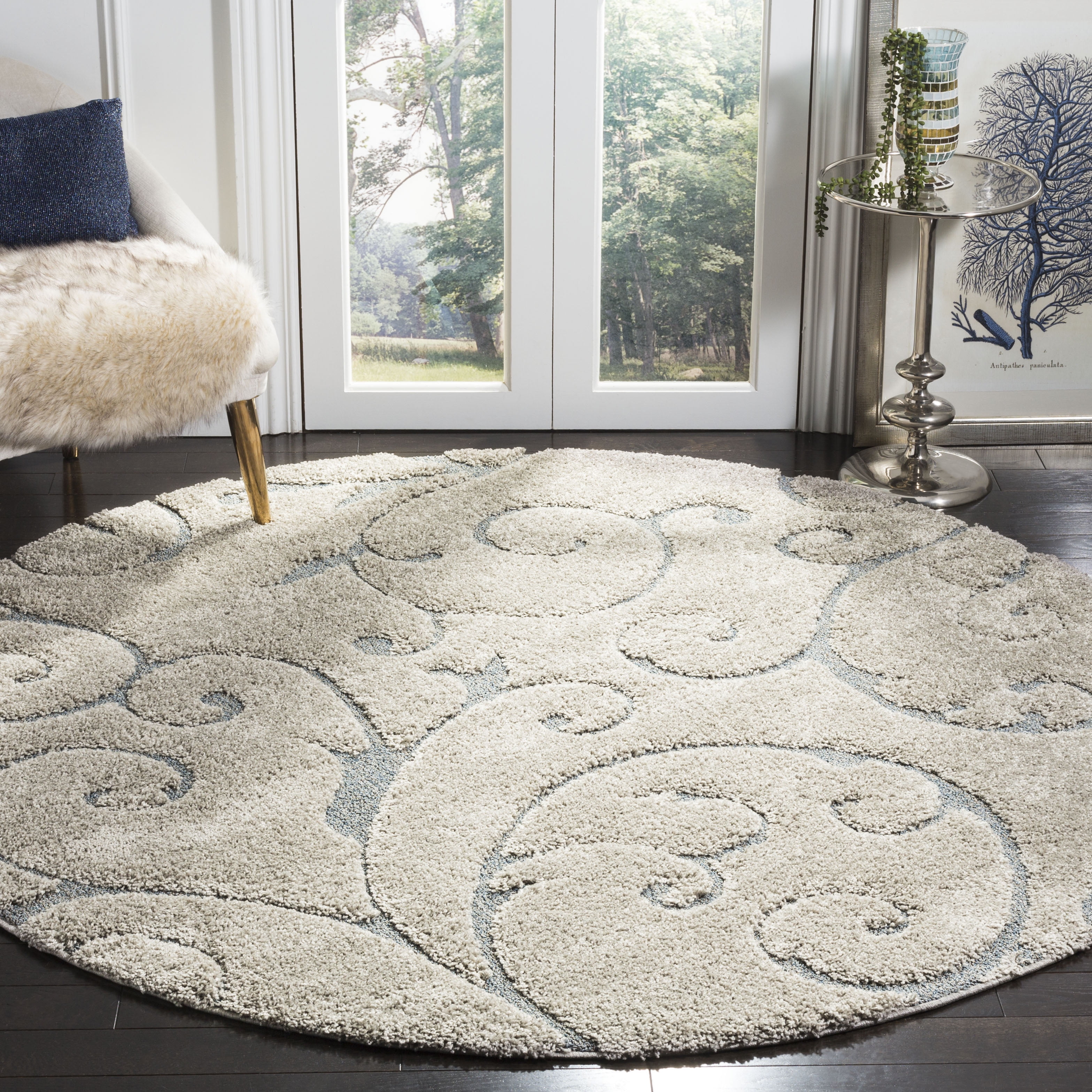 SAFAVIEH Florida Doug Floral Vines Shag Area Rug, Cream/Light Blue, 6'7