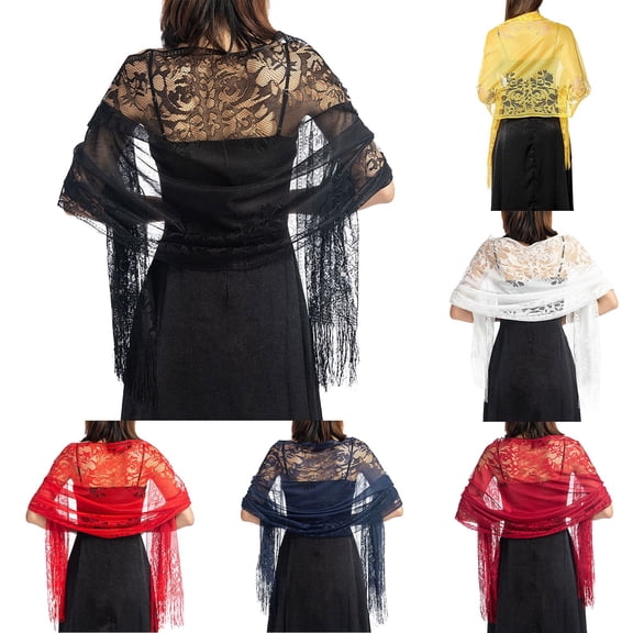 DailyChi Women Floral Lace Fringe Shawl Elegant Wrap Scarf For Wedding Evening Dress Party Costume