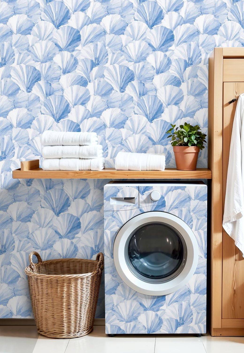 Coastal Peel and Stick Wallpaper Blue White Watercolor Fan Shell Contact Paper 17.7in x 9.8ft Wallpaper Removable Self Adhesive Wall Paper for Bedroom