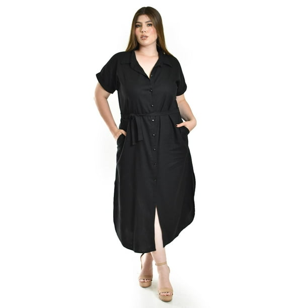Vestido camisero de lino Roman Fashion /Tallas Extras, 2107 (Negro) negro 36