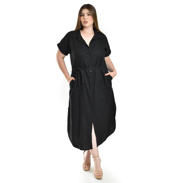 Vestido camisero de lino Roman Fashion /Tallas Extras, 2107 (Negro) negro 40