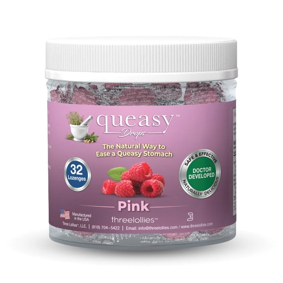 Three Lollies Queasy Drops - Pink Sour Raspberry Flavor - Travel Sickness & Nausea Relief, Soothes Stomach & Dry Mouth, Natural Ingredients - 32 ct