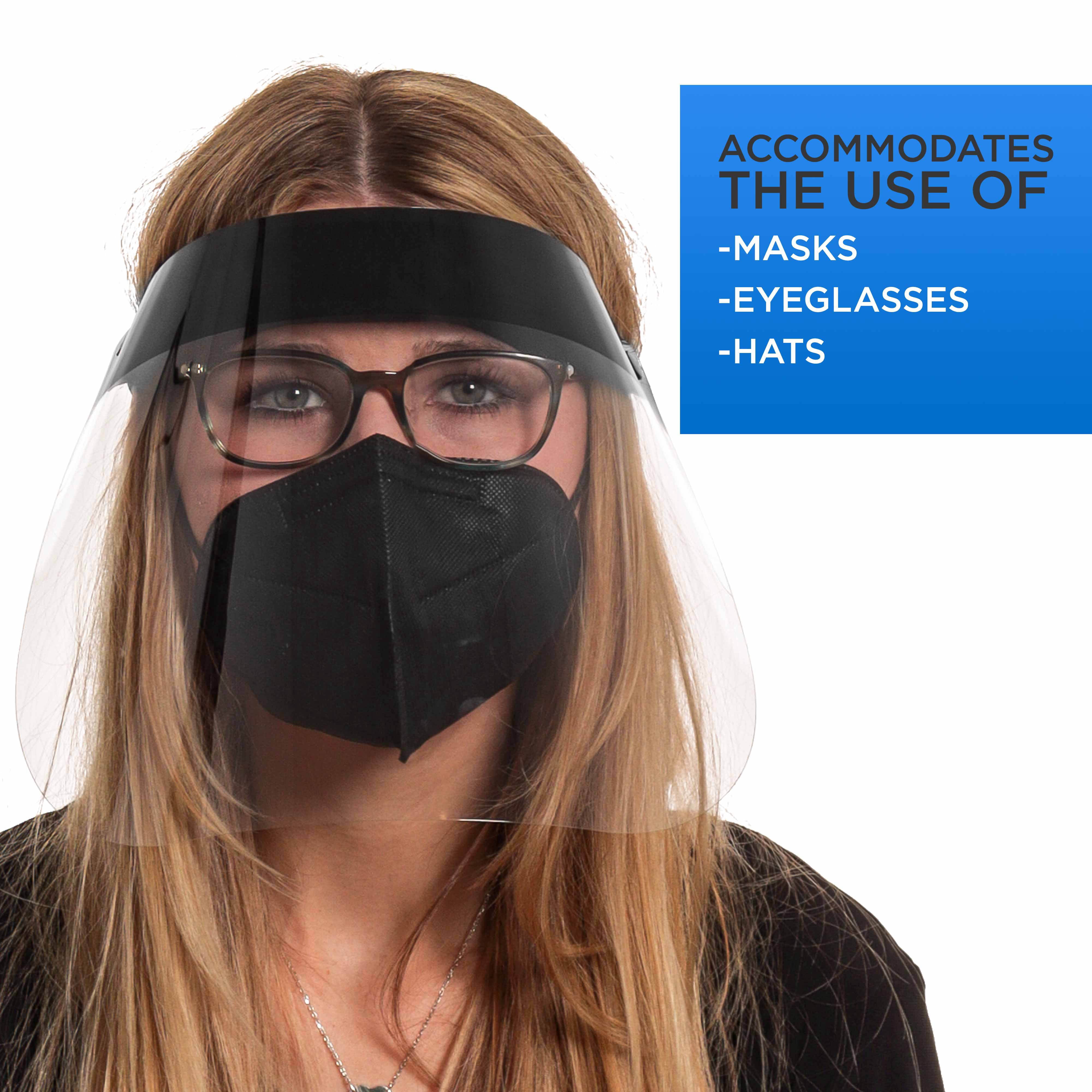 Salon World Safety Face Shields (100-Black & 100 Blue) - Ultra Clear Protective Full Face Shields to Protect Eyes, Nose and Mouth - Anti-Fog PET Plastic, Elastic Headband - Sanitary Droplet Guard