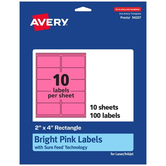 Avery Printable Rectangle Labels, Bright Pink, 2" x 4", 100ct