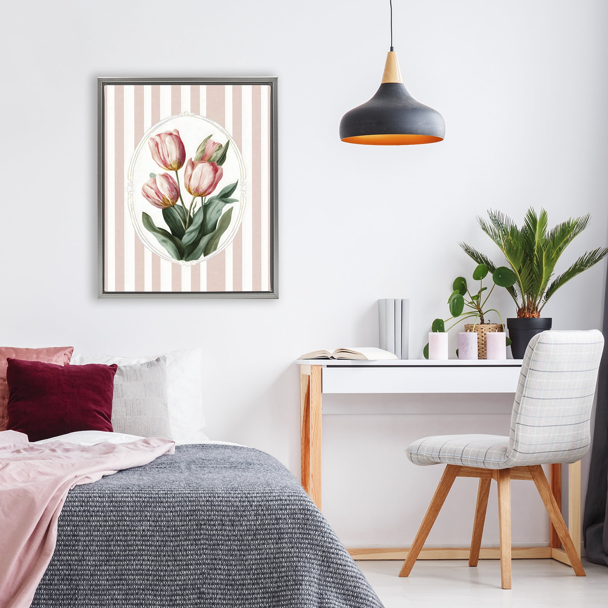 Stupell Industries Vintage Tulips on Stripes Gray Framed Floater Canvas Wall Art, design by Ink Drop Loft