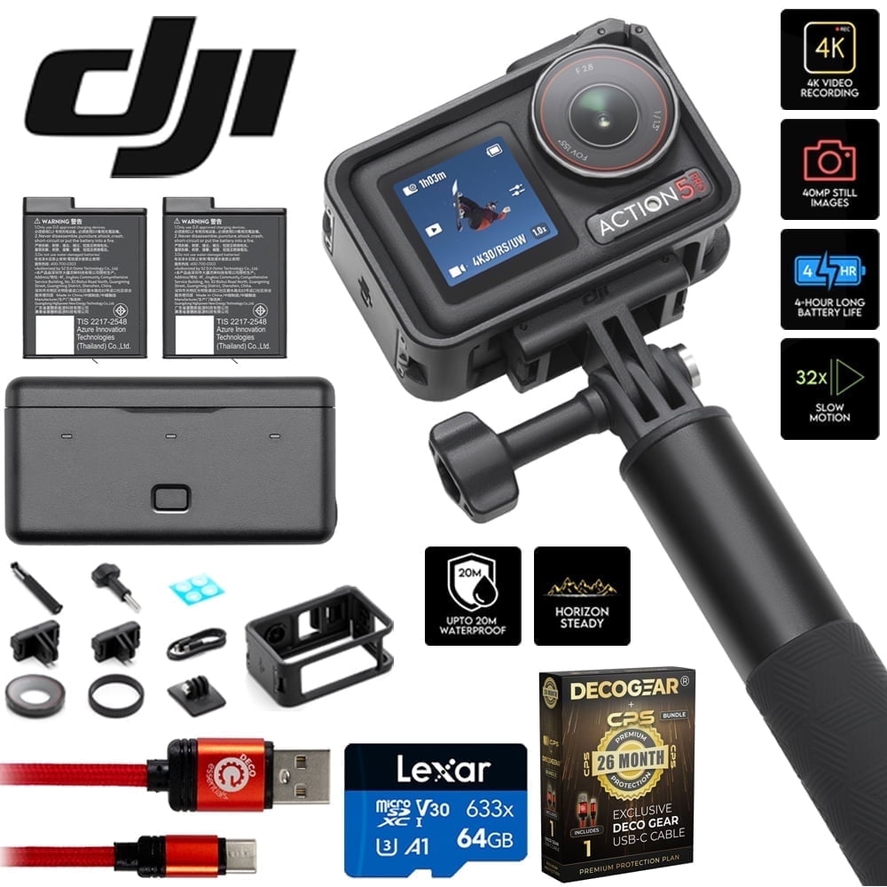 DJI Osmo Action 5 Pro Adventure Combo, 4-Hr Battery, 4K Video Bundle with Lexar 64GB Memory Card, Type-C Charge & Sync USB Cable & Deco Gear CPS Exclusive 26 Month Protection Pack (BEACH-CPS-26M500)