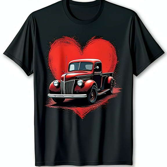 Vintage Red Pickup Truck Heart Design T-Shirt Classic 1940s Style Tee