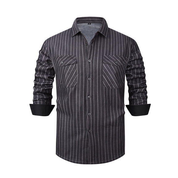 USNSM Mens Striped Printed Shirts Winter Fall Slim Fit Checkered Printed Long Sleeve Top Thermal Fleeced Flannel Shirt Gray XL