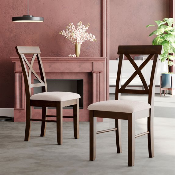 2 Pieces Dining Chairs, Farmhouse Rustic Dining Chairs Set of 2, Wooden Kitchen Upholstered X-Back Dining Chairs, 2PCS Bar Chairs with High Back and Soft Paded for Dining Room Living Room, Brown