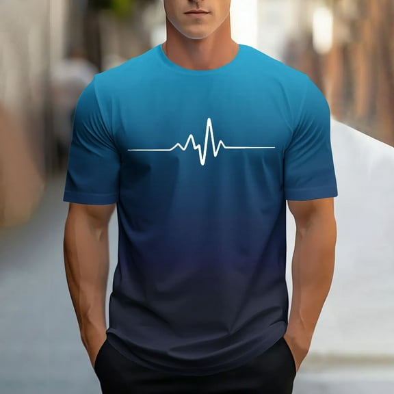 Elvqul Fashion T-Shirts for Men Short Sleeve Gradient Print Pullover Blue Big and Tall Workout Cew Neck Mens Shirts Travel