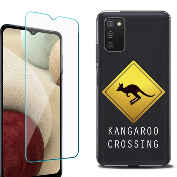 Slim-Fit Protective Fashion Phone Case (Black) for Samsung Galaxy A03s, with Tempered Glass Screen Protector, by OneToughShield ® - Road Sign Kangaroo