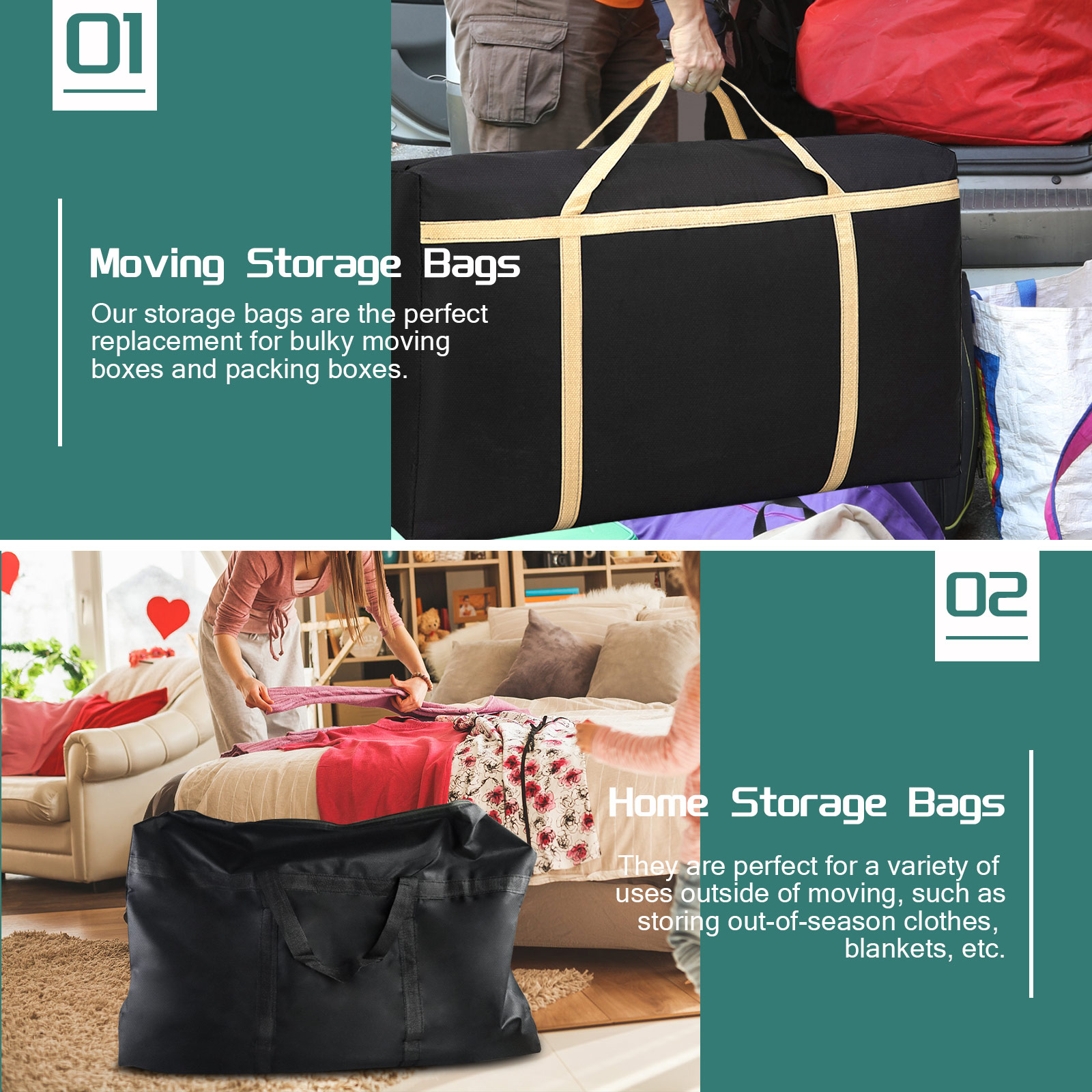 LELE LIFE 4Pcs 101L Extra Large Heavy Duty Moving Bags, Wear-Resistant Oxford Totes for Storage Bags, Moving Supplies Alternative to Packing Moving Boxes, Black