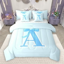 Manfei Letter A Monogrammed 7-Piece Twin Bedding Sets,Cute Cartoon Bowtie Bedding Comforter Set,Blue Bow Tie Sheet Sets For Girls Kids,Microfiber Room Decorative Reversible