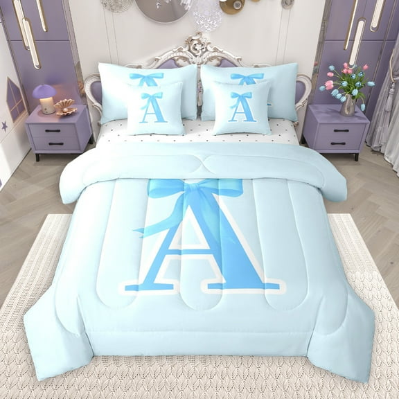 Manfei Letter A Monogrammed 7-Piece Twin Bedding Sets,Cute Cartoon Bowtie Bedding Comforter Set,Blue Bow Tie Sheet Sets For Girls Kids,Microfiber Room Decorative Reversible