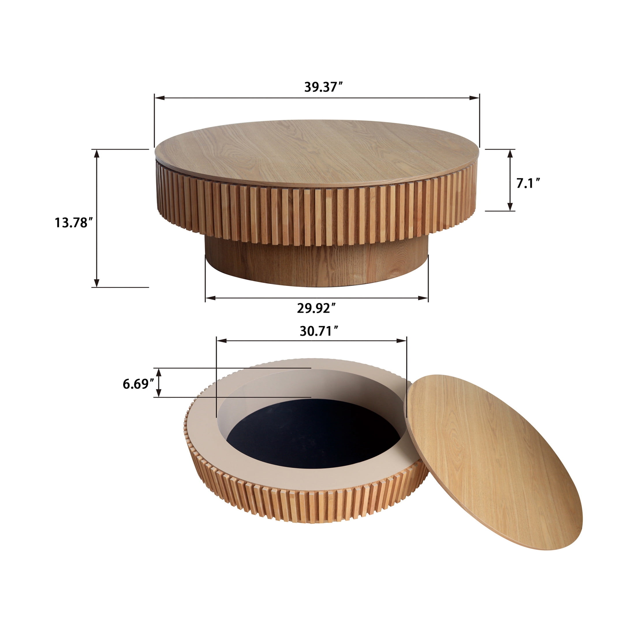 Noble House Leigh 39.3" Round Coffee Table with Hidden Storage, Solid Wood Veneer Fluted Accent Tea Table, Natural