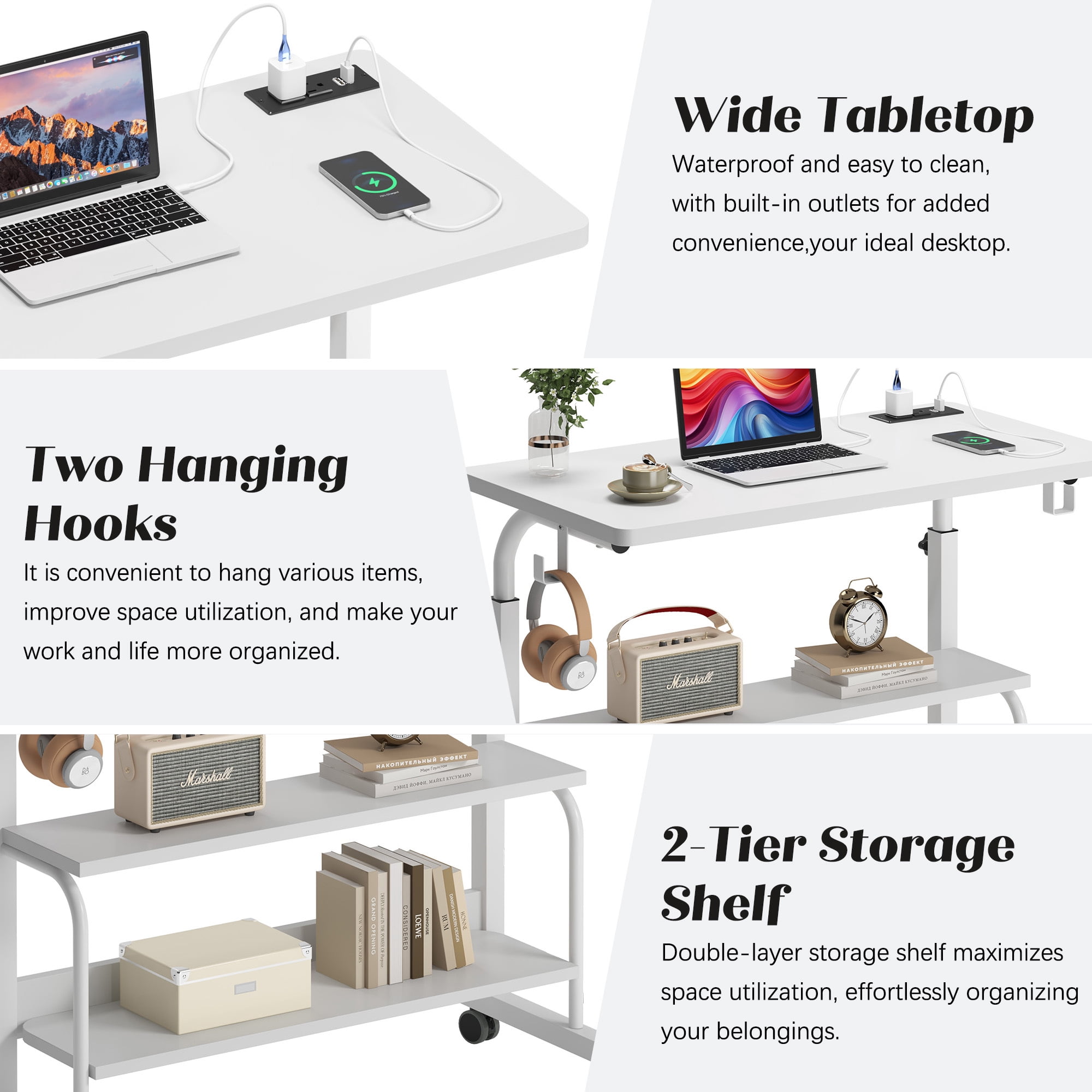 Soges 31.5" Height Adjustable Computer Desk with Charging Station, Adjustable Side Table Movable Laptop Desk with 2 Storage Shelves, Adjustable Desk on Wheels for Home Office, Sofa, Bed, White
