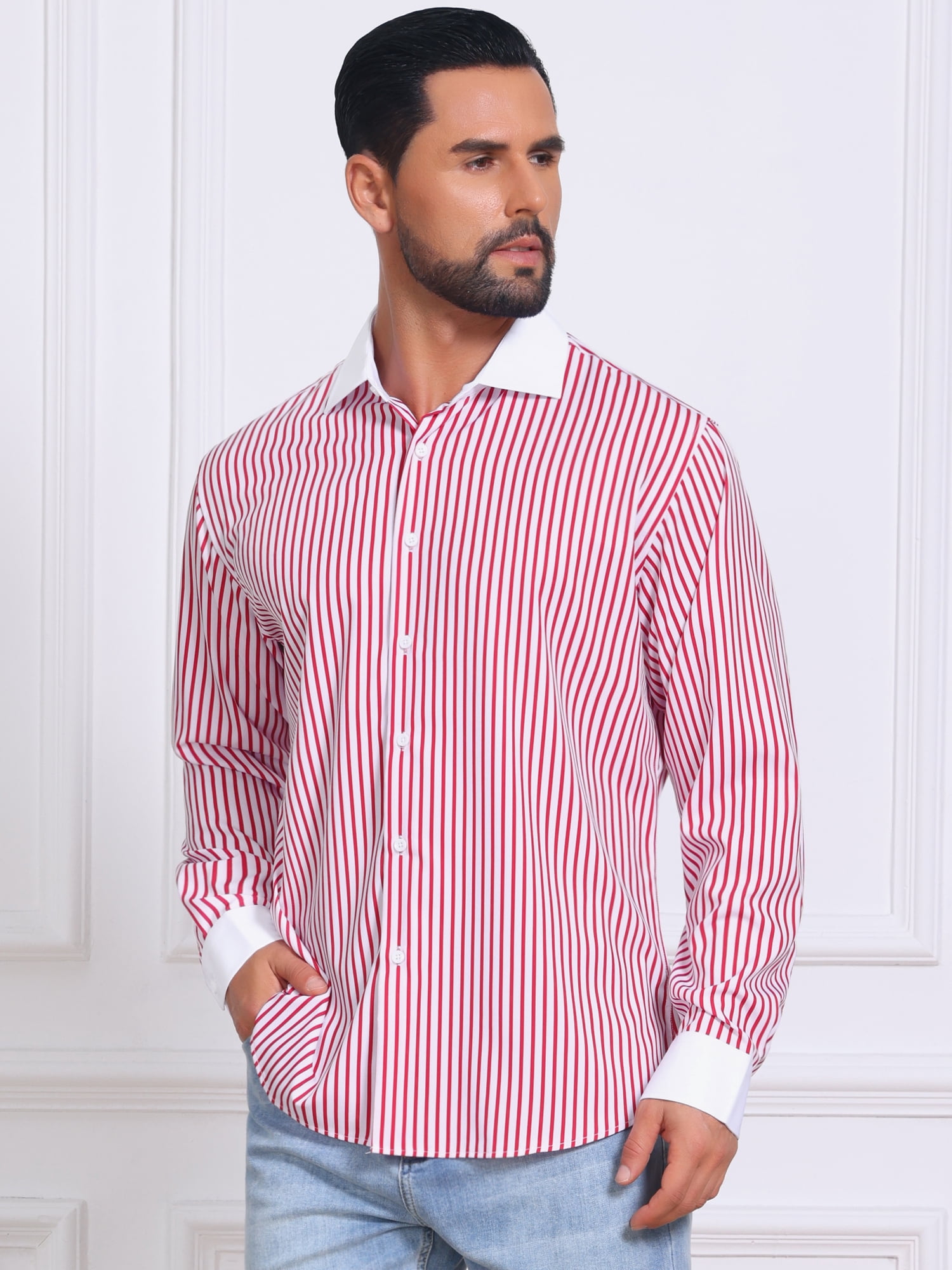 DARING DIVA Men's Striped Button Down Long Sleeve Stretch Shirts 2XL Red