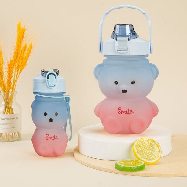 Termos para agua Juego de tazas deportivas de 1300ML + 350ML, tetera de viaje con paja de oso lindo degradado (azul rosa)