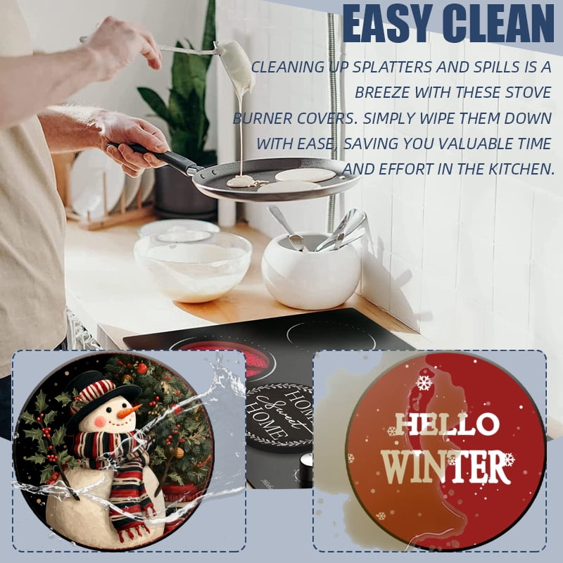 Christmas Electric Stove Burner Covers for Electric Stove, Red Merry Christmas Santa and Snowman Round Decorative Metal Gas Stovetop Covers Set of 4 for Kitchen, 8 Inches and 10 Inches