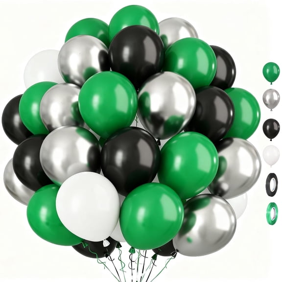 60 Pcs 12 Inch Green Black Balloons Dark Green Metallic Silver Balloons Black Green White Latex Balloons for Football Party, Baby Shower, Birthday, Graduation Party Decorations