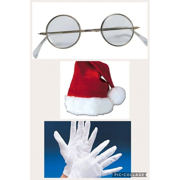 Cp Red Santa Hat Round Santa Glasses White Cotton Gloves 3 Piece Christmas Santa Set Fits Most Adults