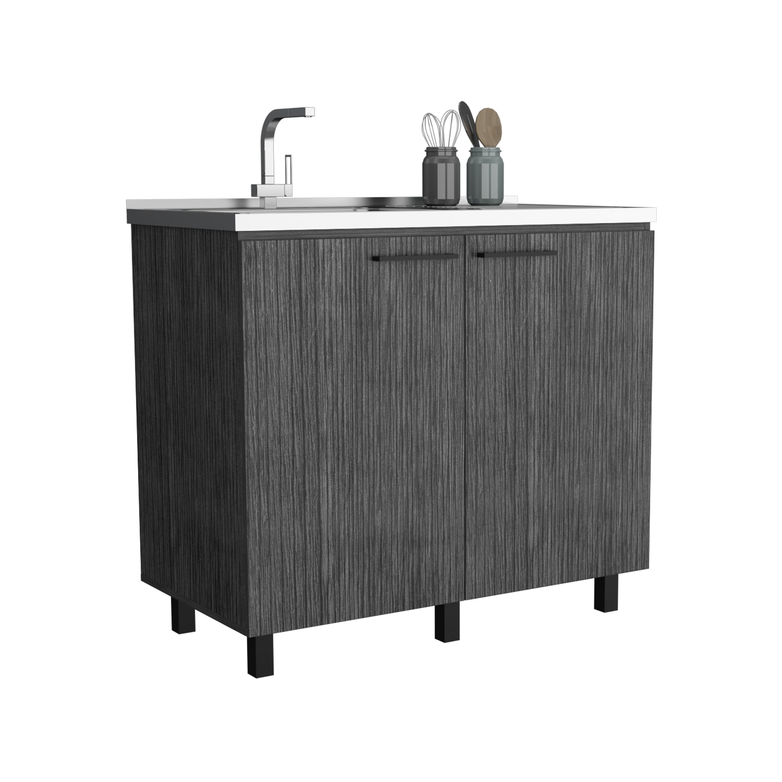 Izzovium Napoles 2 Utility Sink with Cabinet, 39.4x20.4x30.8in, Stainless Steel Countertop & Smokey Oak Shelf, Smoke Grey for Kitchen/Laundry