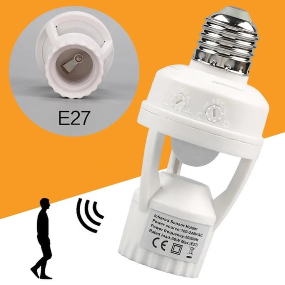 Motion Sensor Light Socket, E27 Infrared PIR Bulb Adapter with Adjustable Time & Light Control, Screw-in Socket for Garage, Basement, Staircase & Porch (100-240V, 60W Max)