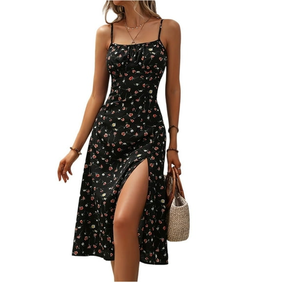 Summer Women's Casual Floral Print Spaghetti Strap Midi Dress Sleeveless Ruched Split Slit Beach Dress with Lightweight Chiffon Fabric for Outdoor Vacation,Black L