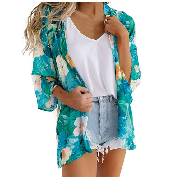 IROINNID Discount Cardigan Outfits for Women Cardigan Coat Shirt Printing Short Sleeve Tops Mid-Length Blouse,Blue