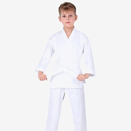 Krdevn Kids Taekwondo Karate Training Outfit, Durable V-Cross Wrap Top & Loose Pants Martial Arts Uniform Kit,White