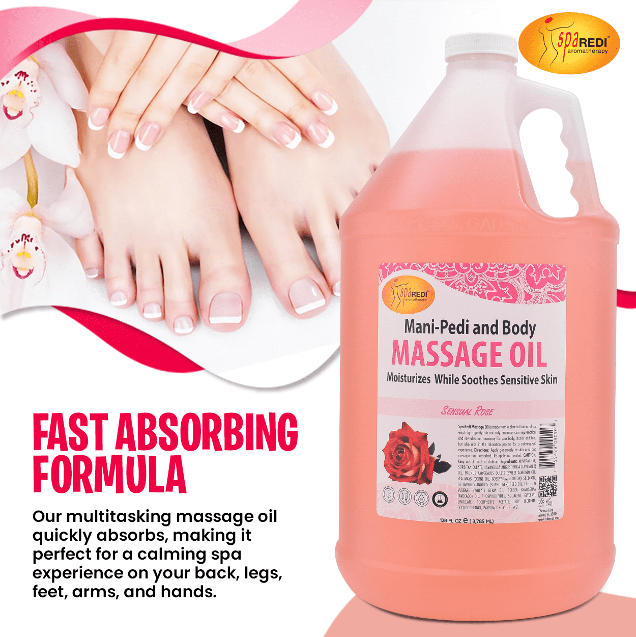 SPA REDI - Massage Oil, Sensual Rose, 128 Oz - Professional Pedicure, Manicure, Full Body Massage Therapy, Made with Almond Oil, Cotton Seed Oil, Sunflower Oil, Avocado Oil, Essential Oils, Vitamin E