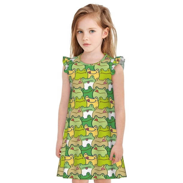 Fotbe Cartoon Frog Vestido de Dormir para Niñas de 3 a 10 Años, Mangas Cortas, Estilo Princesa, Pijama Camisón con Mangas Voladas-XX-Large