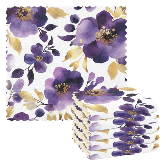 6 Pieces of Kitchen Towels 11x11Inch Kitchen Dish Cloths Kitchen Dish Towels Reuseable Cleaning Cloths Charming Purple Flowers