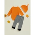 thumbnail image 4 of Suealasg 3Pcs Newborn Baby Boys Halloween Outfits Clothes Set 3 6 12 18 Months Infant Boys Crew Neck Long Sleeve Letter Print Romper Pumpkin Print Pants Hat Set, 4 of 8