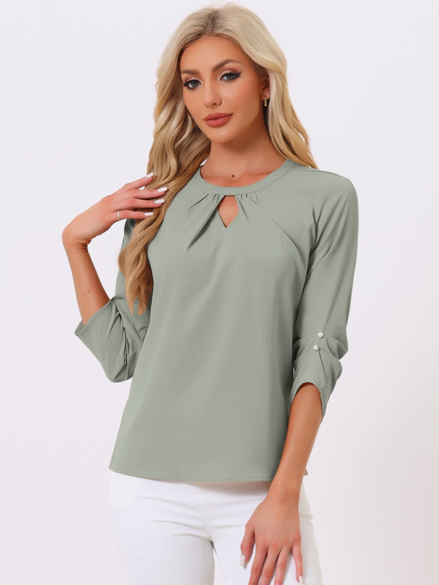 DARING DIVA Round Neck Keyhole Pleated Shirred Work Top M Gray