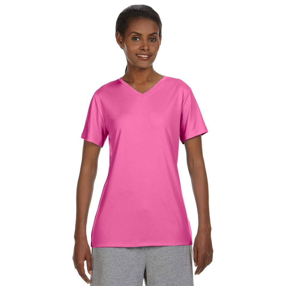 Hanes - Hanes 483V Cool Dri Ladies V-Neck T-Shirt - Neon Pink - 2X ...