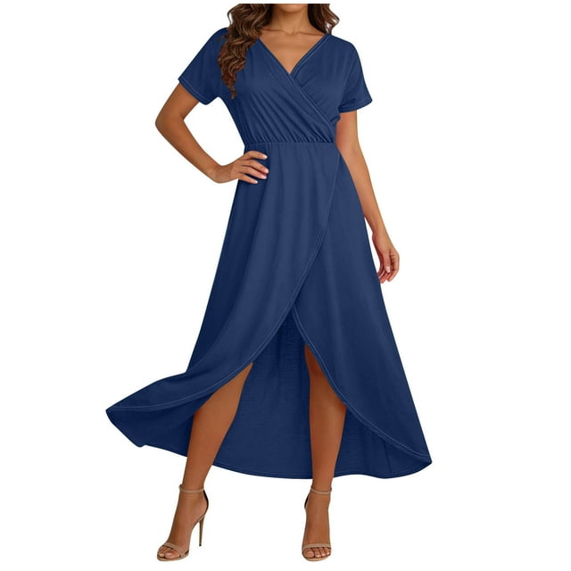 Kyusrd Robe d'Été pour Femmes Robe Maxi Robe Trapèze Robe Portefeuille à Col en V à Manches Courtes pour Femmes avec Fente Haute Plusieurs Couleurs