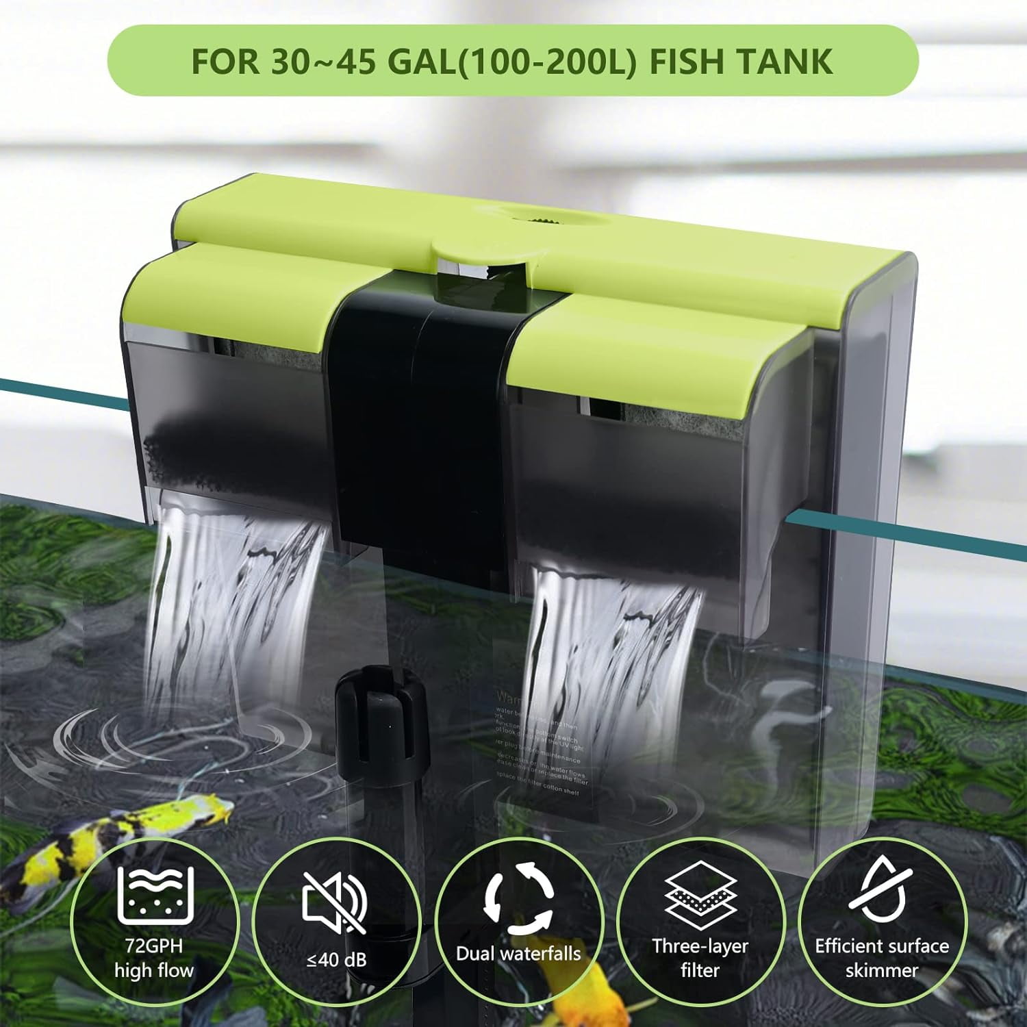 30-50 Gallon Aquariums Power Filter with Surface Skimmer, Lychee External Quiet Fish Tank Filter, Hang on Back Filter, Biochemical Cotton Filtration & Adjustable Water Flow, Dual Waterfall Design