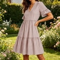 thumbnail image 6 of Guieoi Summer Dresses for Women Plus Size Striped V-Neck Pleated Casual Mini Beach Midi Dress with Pockets Brown XXL, 6 of 9
