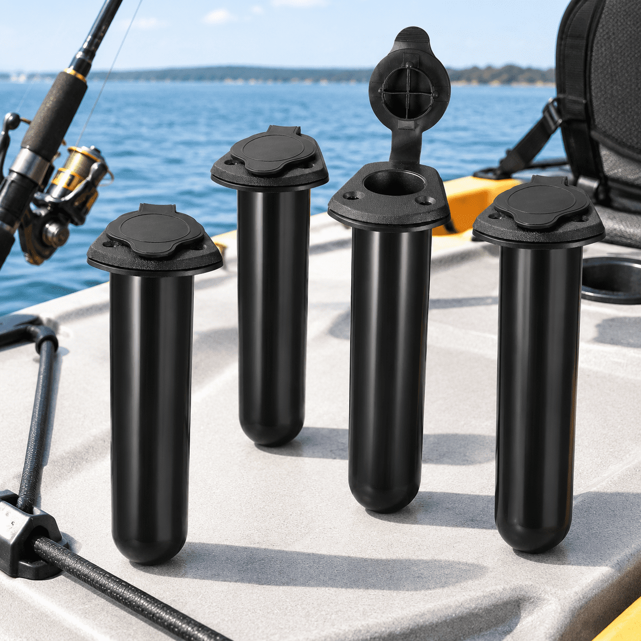 4 Pack Flush Mount Plastic Fishing Boat Rod Holders with Caps and Mounting Hardware