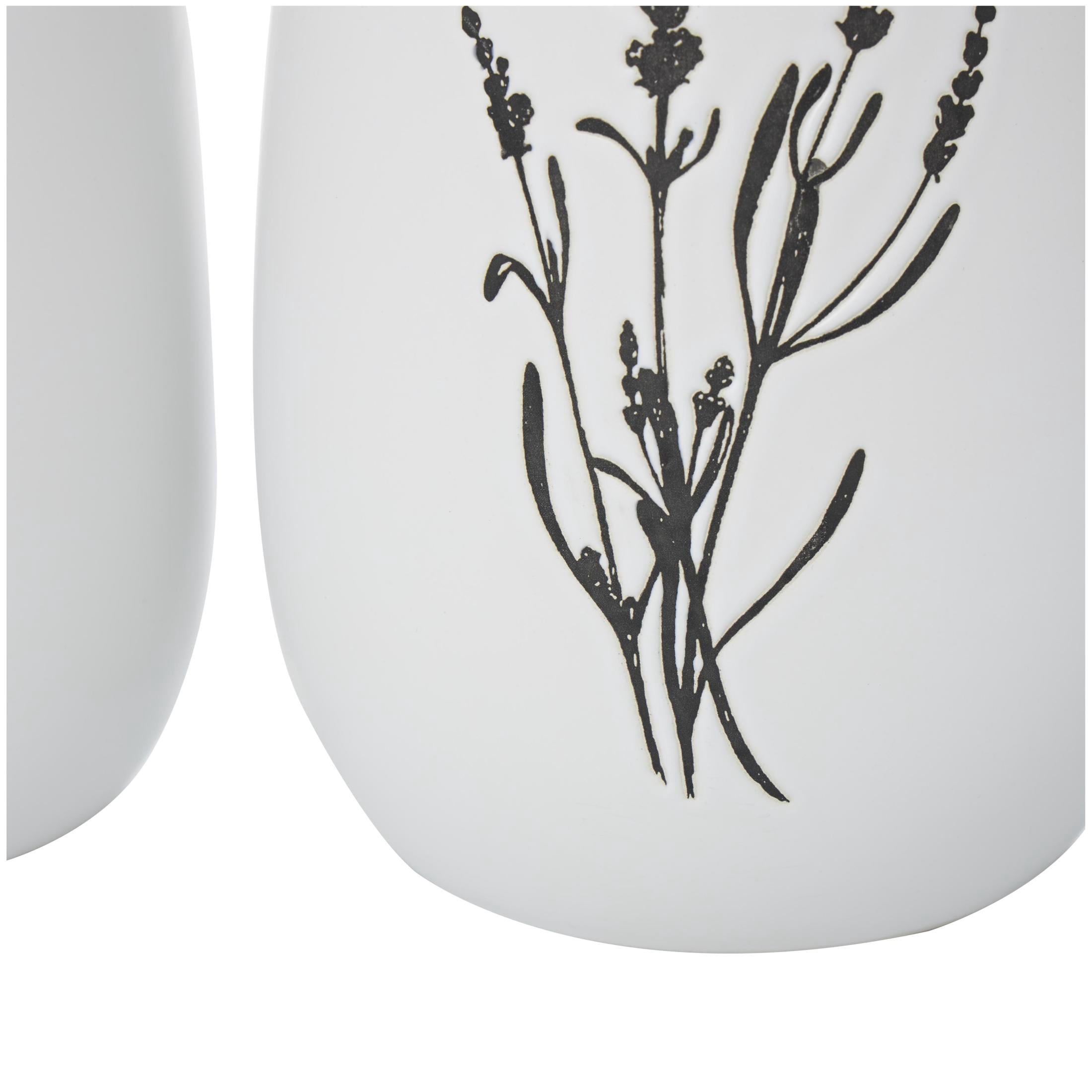 DecMode 13", 11", 12"H Floral White Ceramic Vase with Black Lavender Prints, Set of 3