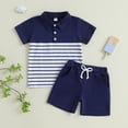 thumbnail image 5 of IVEYRTF Boys Stripe Collar Short Sleeve Set Casual Summer Play Clothes Comfort Fit Everyday Outfit Kids 2PC Shorts Top Garment(Blue,3 Years), 5 of 9