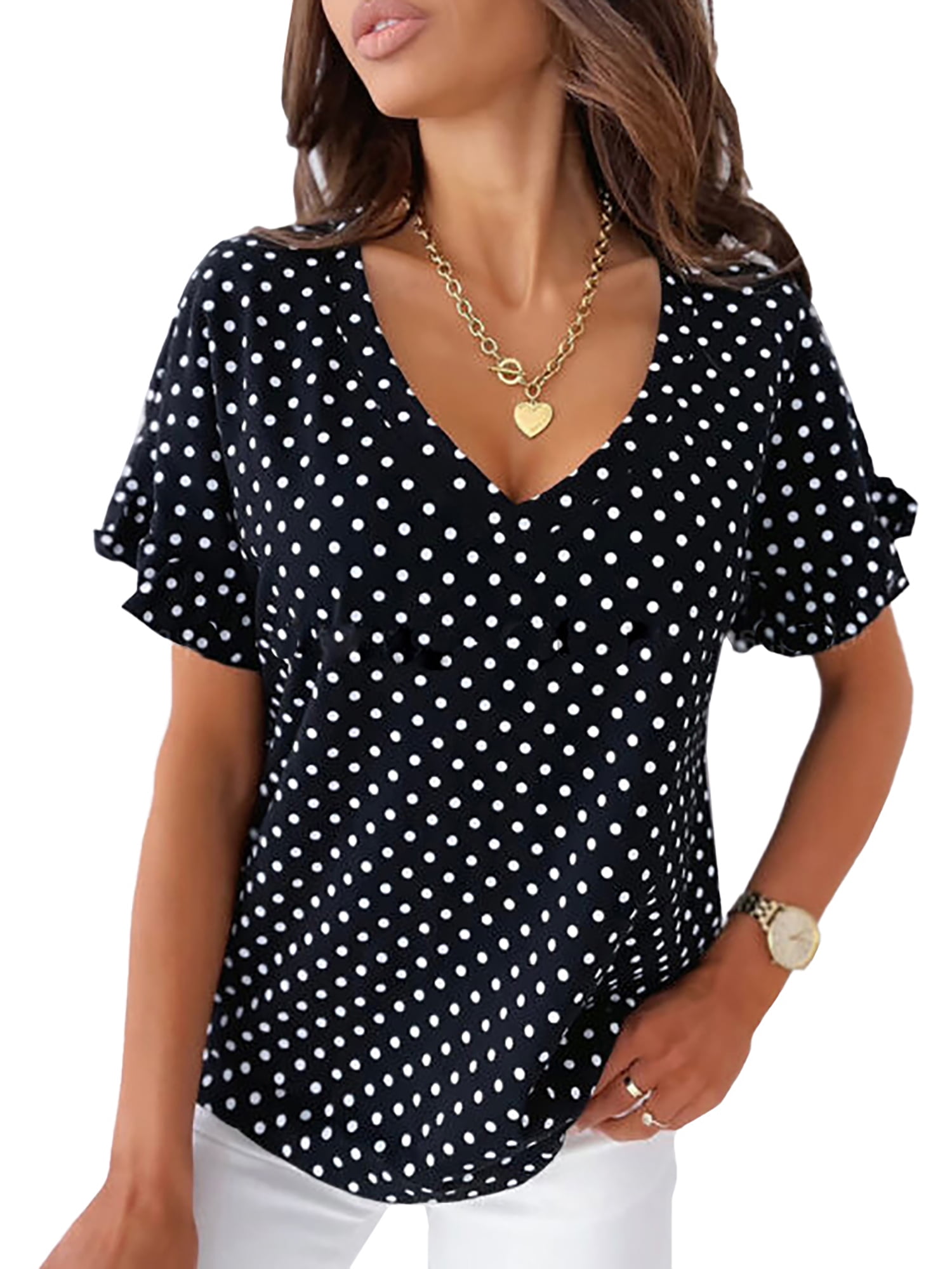 Blow Post Nine LAPA Women's Loose Casual Short Sleeve V-Neck Polka Dot Top T-Shirt Blouse  - Walmart.com