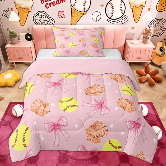 Erosebridal Softball Sports Kids Twin Comforter Sets, Pink Watercolor Bow Bedding Set, 2 Pieces