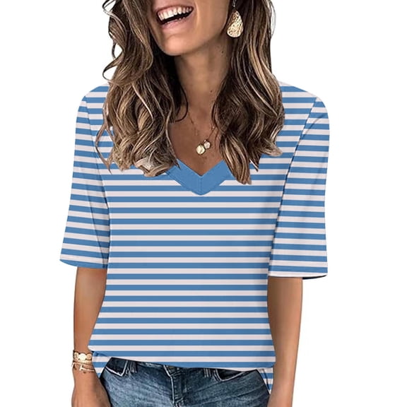 Teissuly 2024 Women's Fashion Tees Casual V-neck Loose Cute T Shirt 1/2 Sleeve Ladies Top