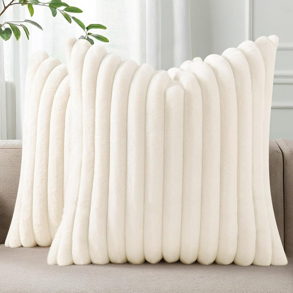 Faux Fur Plush Throw Pillow Covers 14x14 Set of 2, Luxury Soft Fluffy Striped Decorative Pillow Covers for Sofa, Couch, Living Room, Cream White