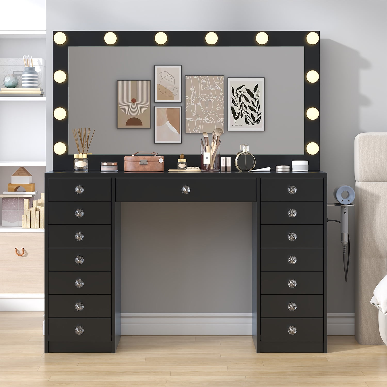 Winkalon Vanity Desk with Mirror and LED Lights, Makeup Vanity with 15 Drawers, Vanity Table with Power Outlet for Bedroom Dressing Room, Black