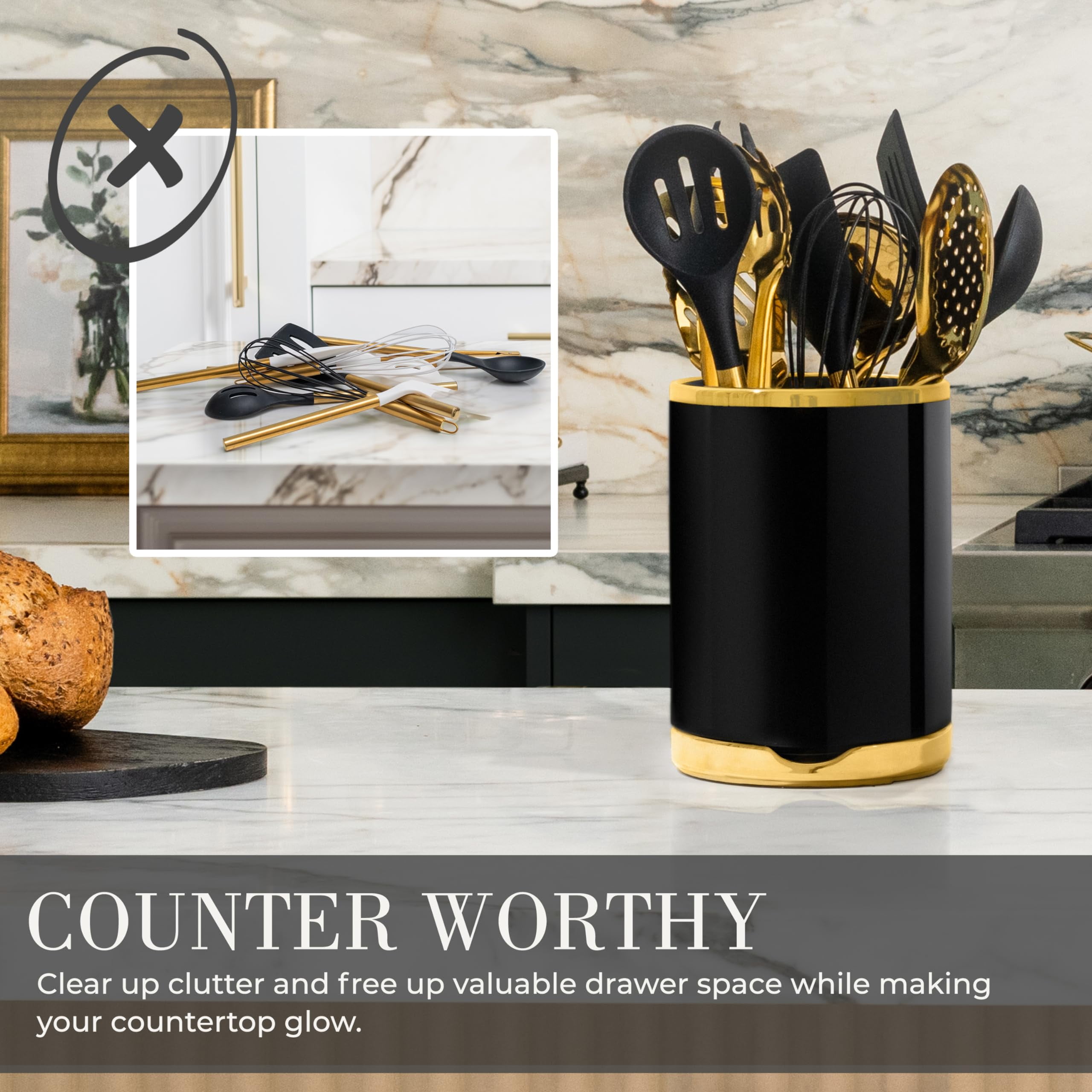 Styled Settings Black and Gold Cooking Utensils Set -13 PC Black and Gold Kitchen Utensils Set Includes Black Ceramic Utensil Holder with Stackable Black & Gold Spoon Rest - Gold Kitchen Accessories