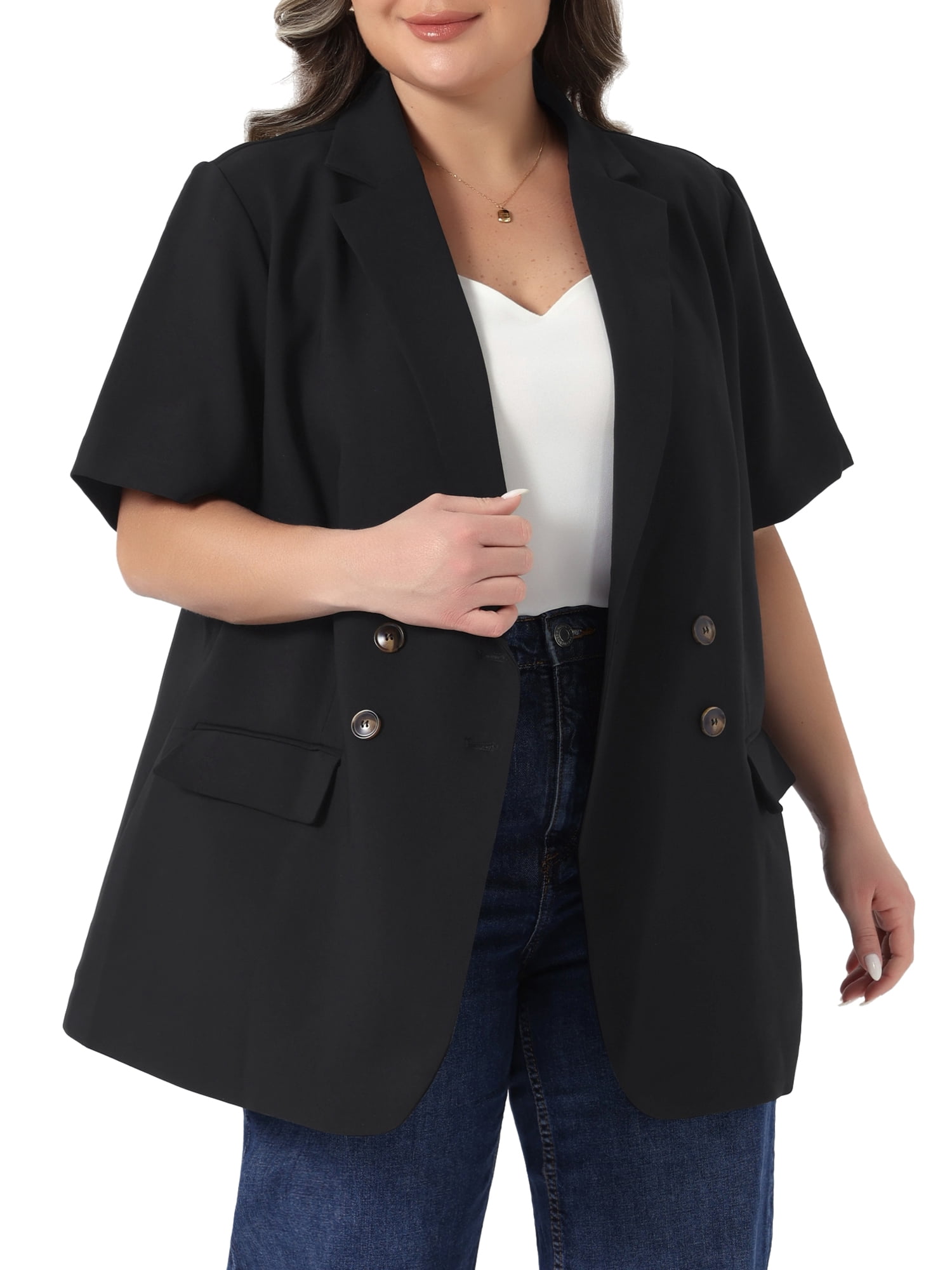 DARING DIVA Women's Plus Short Sleeve Notched Lapel Double Breasted Blazer 2X Black