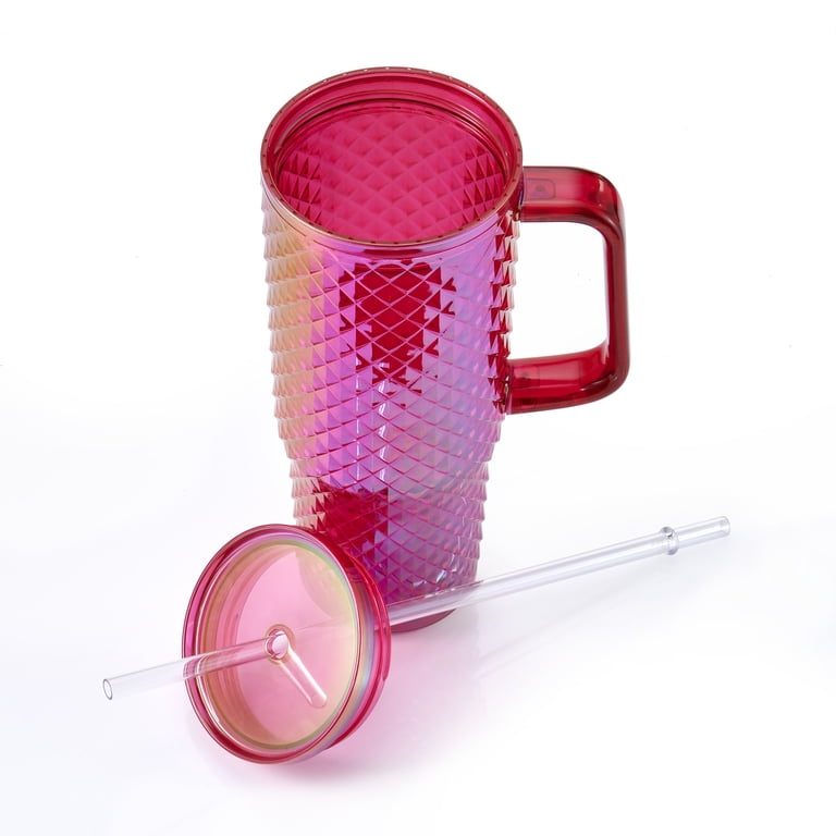 Mainstays 30oz Textured Tumbler with Straw and Handle, Diamond Iridescent  Pink, 30oz, Plastic Double Wall Insulated - Walmart.com